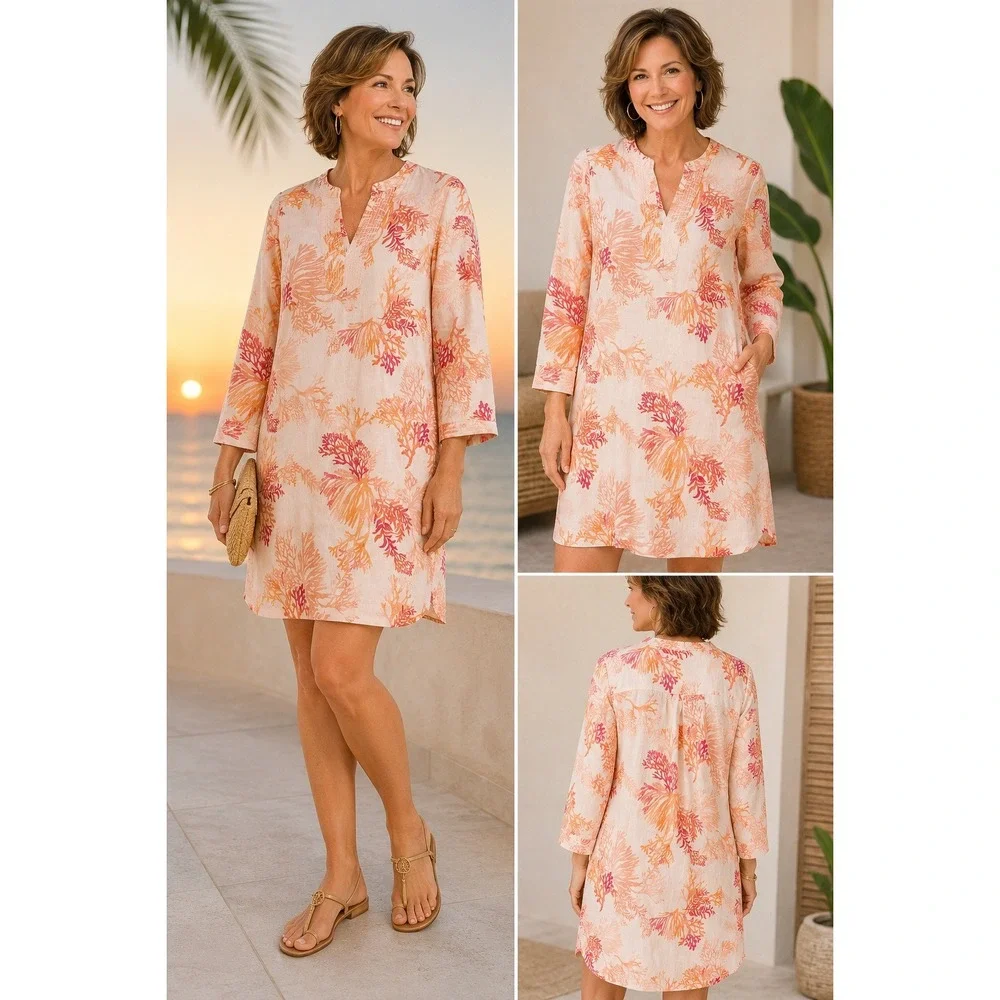 Chico's Tunic Dress Coral Sea Life Print 100% Linen Coastal‎ Resort Size 1 8/10
